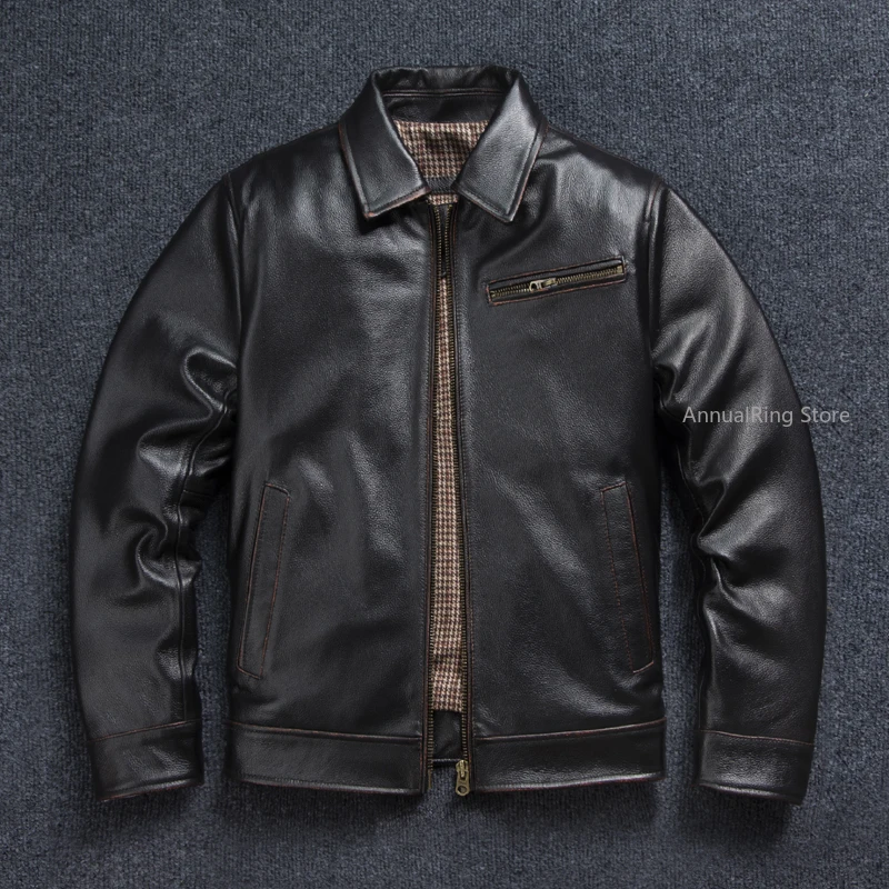 1930s Tooling Leather Jacket Men's First Layer Cowhide Business Genuine Leather Jacket Tea Core Cowhide Jacket Lapel
