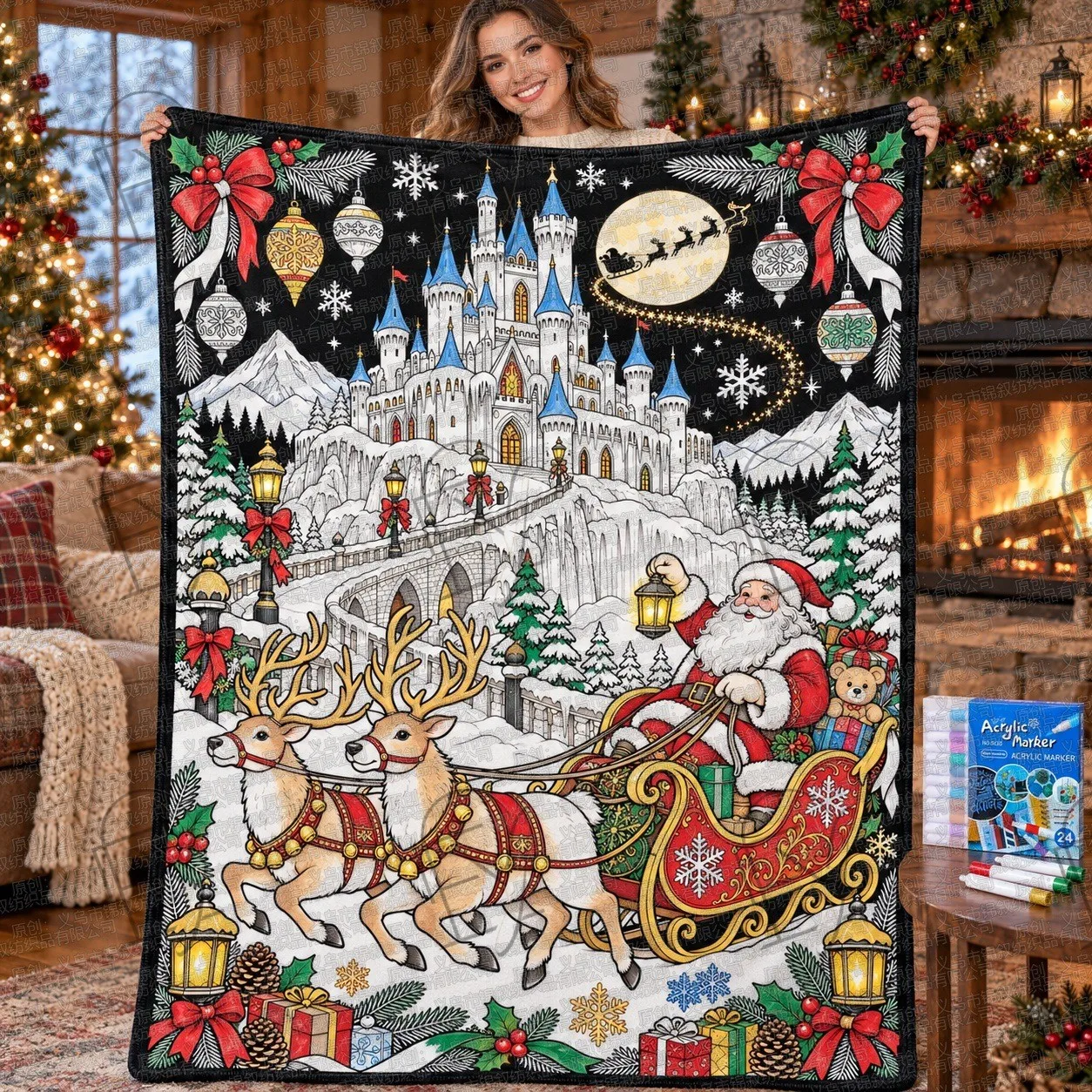 Flannel Blanket Fleece Christmas Santa Claus Sleigh Castle Half Painted Art Line Craft Blanket Pen Set