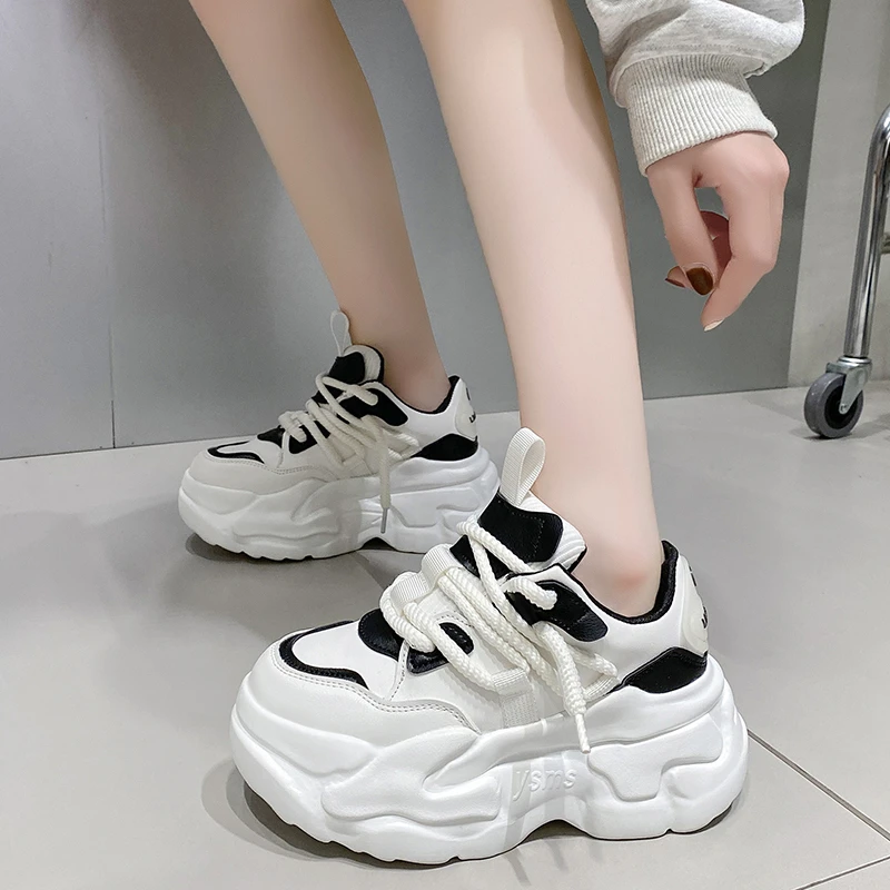 Plus size 43 Women High Platform Casual Leather Shoes New Autumn Chunky Sneakers 7CM Wedges Hidden Heels Leisure Shoes Woman