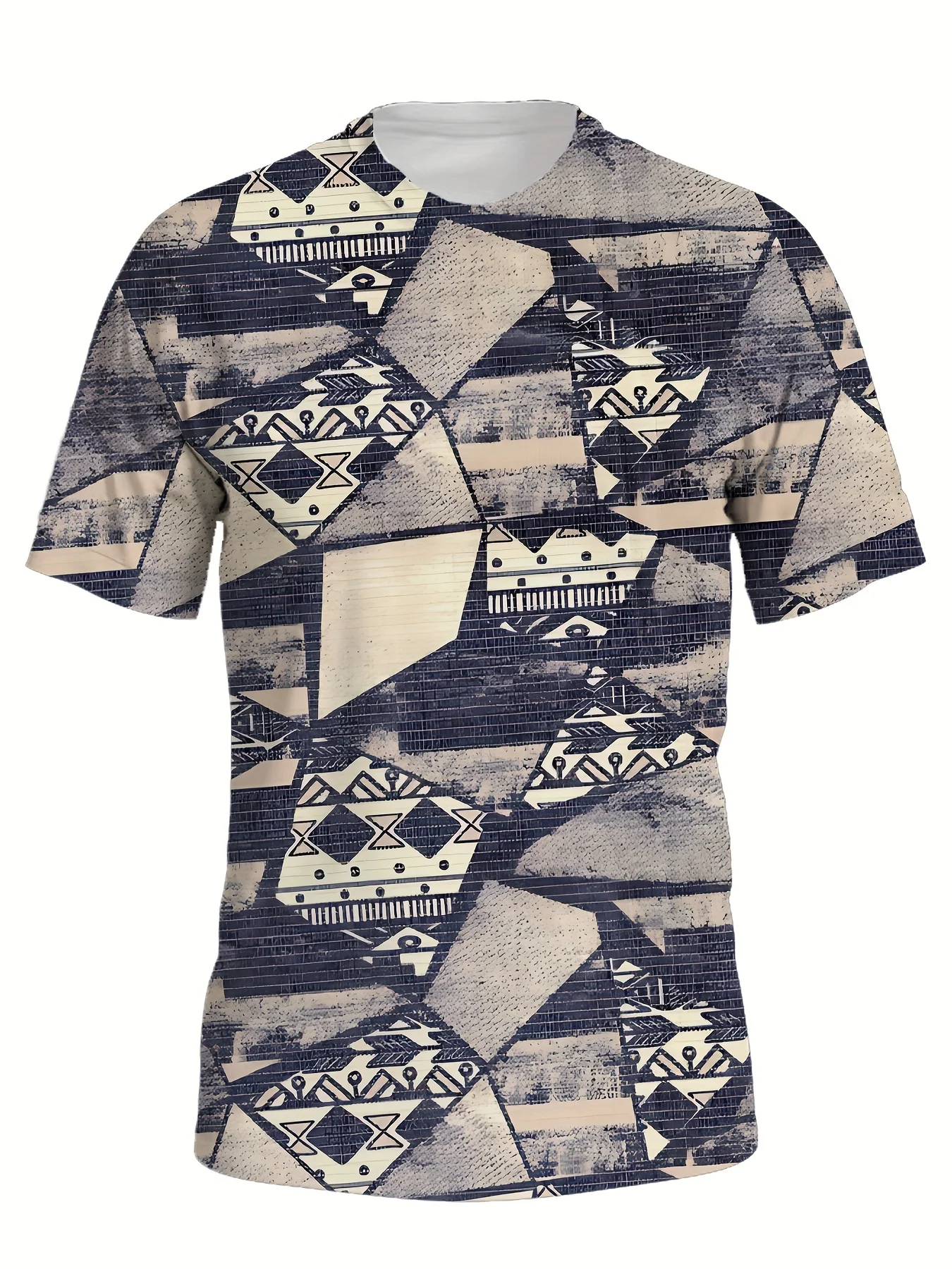 Men Navy White Tribal Triangle Patchwork Print Tee O Neck Short Sleeve Summer Casual Top