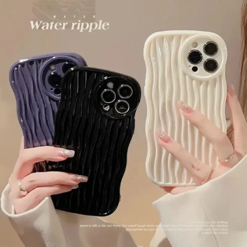 3D Wave Phone Case for IPhone 14 13 12 11 Pro Max XS X XR 7 8 Plus Bumpy Stripe Design Solid Color Silicone Shockproof Cover