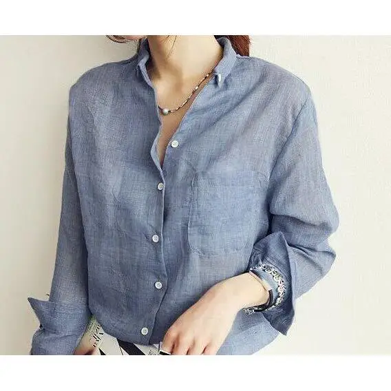 2019 Women's Linen Shirt Fashion Blouse Cotton Linen Fabric Long Sleeve Pure Color Ladies Top Quality Spring Season Clothing