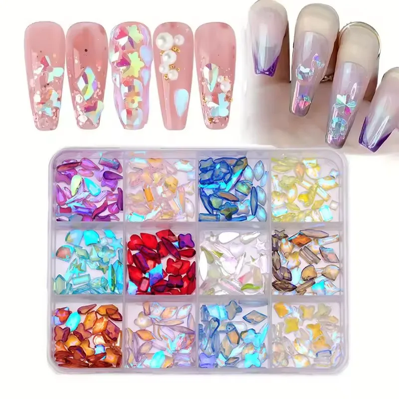 

12Grid Aurora Color Resin Nail Charms Rhinestones Flatback Mixed Shapes DIY Manicure Accessorie Jewelry Nail Art Decorations Set