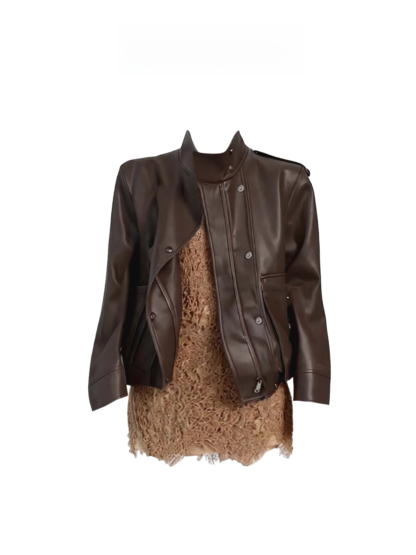 

Heza plus Size Lace Crop Top And Skirt Set in Coffee Color Sexy Vintage Sle Women's Clothing for Autumn Season