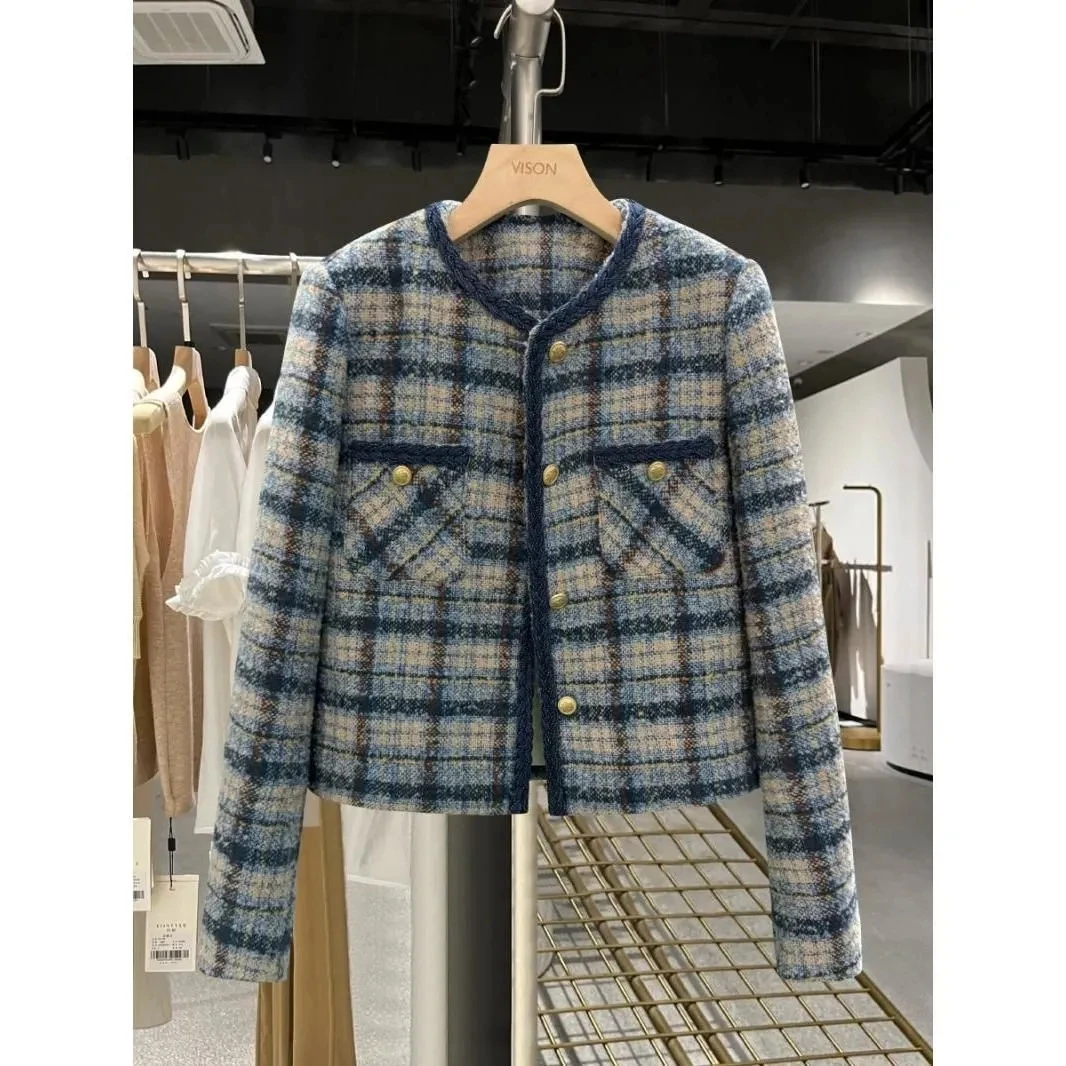 Blue Small fragrant style Short Jacket For women 2026 Spring Autumn New Round neck Plaid Thick Cotton Jackets Female Short Tops