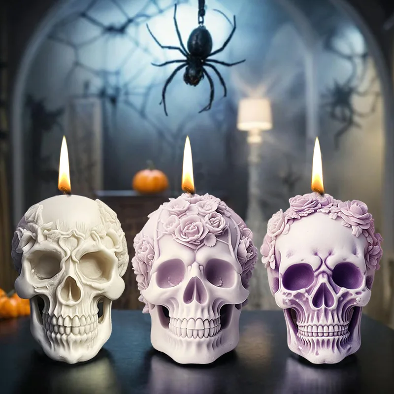 3D Rose Skull Flower Silicone Candle Molds Halloween Skull Decoration Crafts Plaster Resin Cement Mold DIY Hand Soap Making Tool