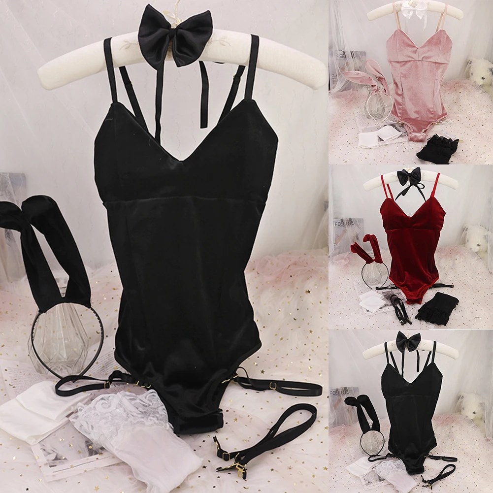 Men\'s Sexy Rabbit Girl Sling Bodysuit Set Role-play Bullet Separation Sissy Lingerie Men Leotard Lace Crossdress Nightwear 6PC