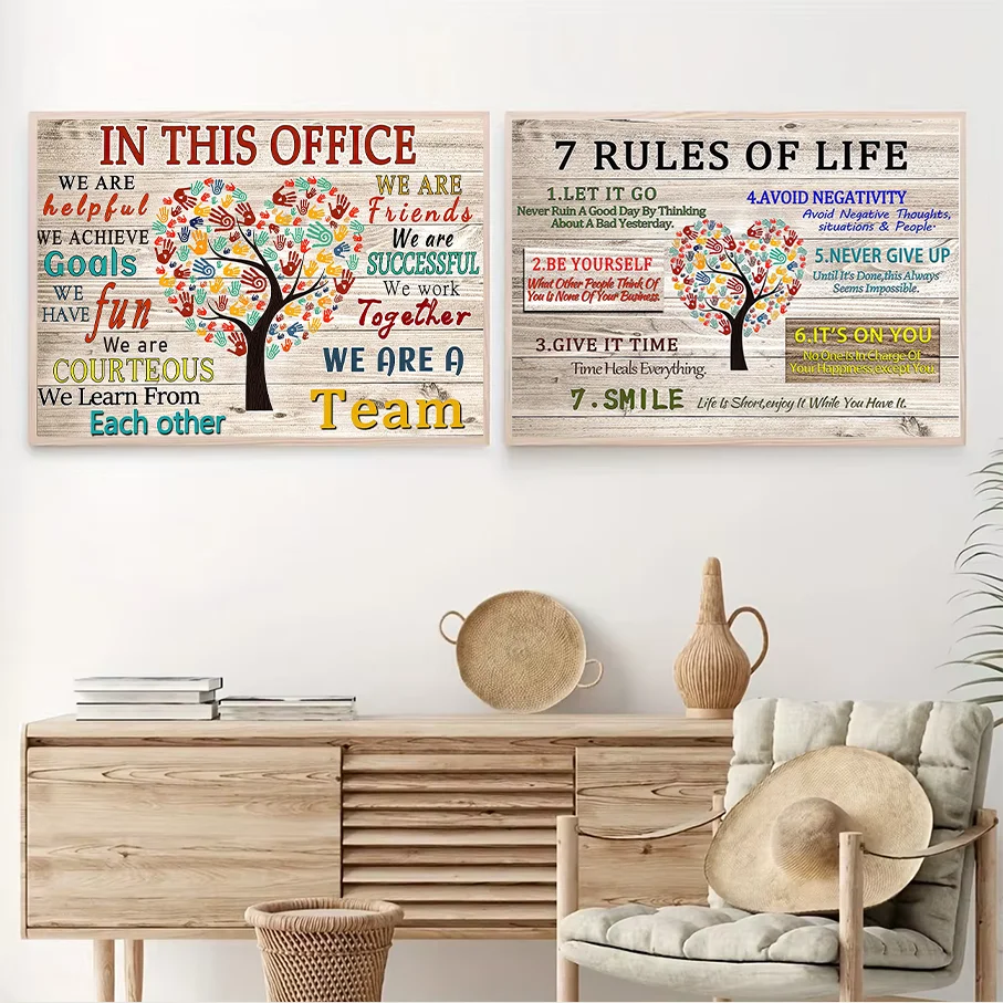 Frameless Canvas Office Teamwork Quote 7 Rules Of Life Colorful Handprint Tree Wood Texture Wall Art Poster