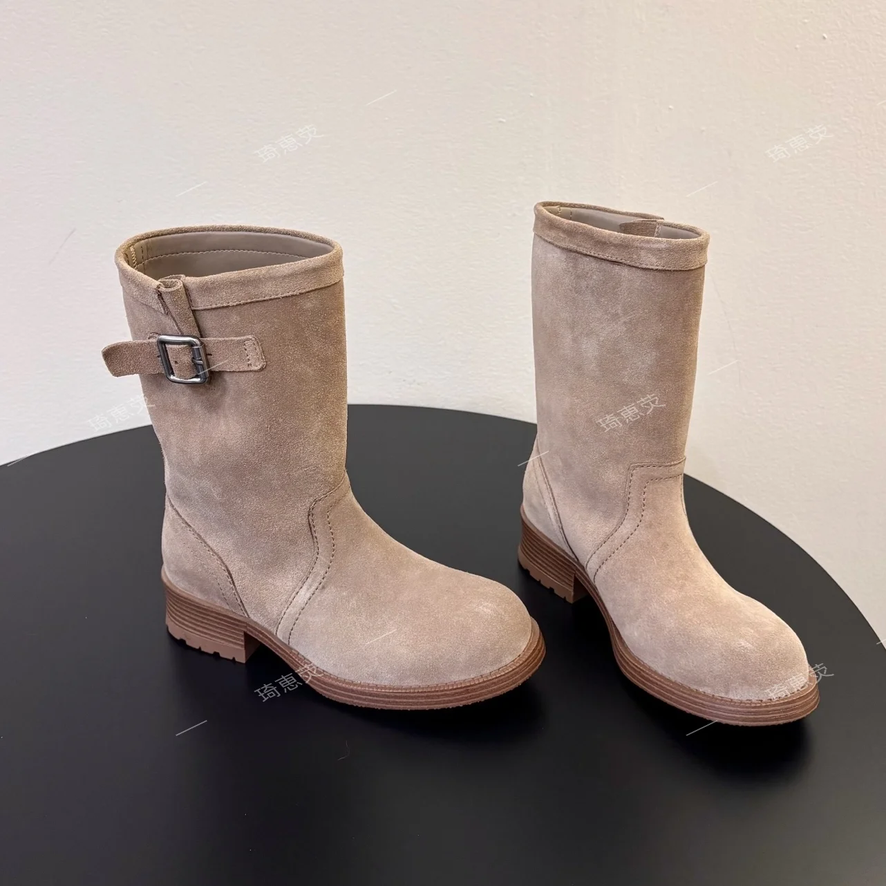 2026 New Retro Chunky-Heel Mid-Calf Equestrian Boots High-Heel Round-Toe Ankle Boots with Belt Buckles, Western Cowboy Boots
