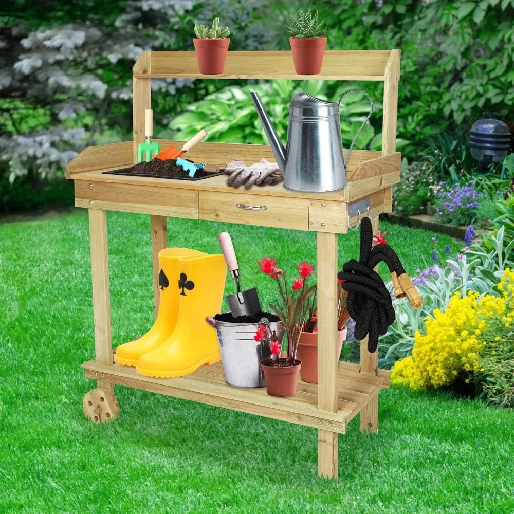 

Potting Workbench Wooden Horticultural Plant Workstation Natural Solid Wood Garden Potting Workbench, Yellow