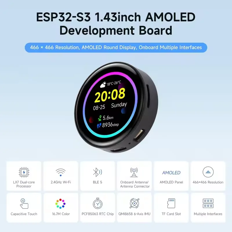 Waveshare ESP32-S3 1.43-calowy ekran dotykowy AMOLED, płytka rozwojowa 466×466, WiFi i BLE, okrągły wyświetlacz, obsługa HMI, GUI LVGL, ESP-IDF, IDE — zdjęcie produktu 4
