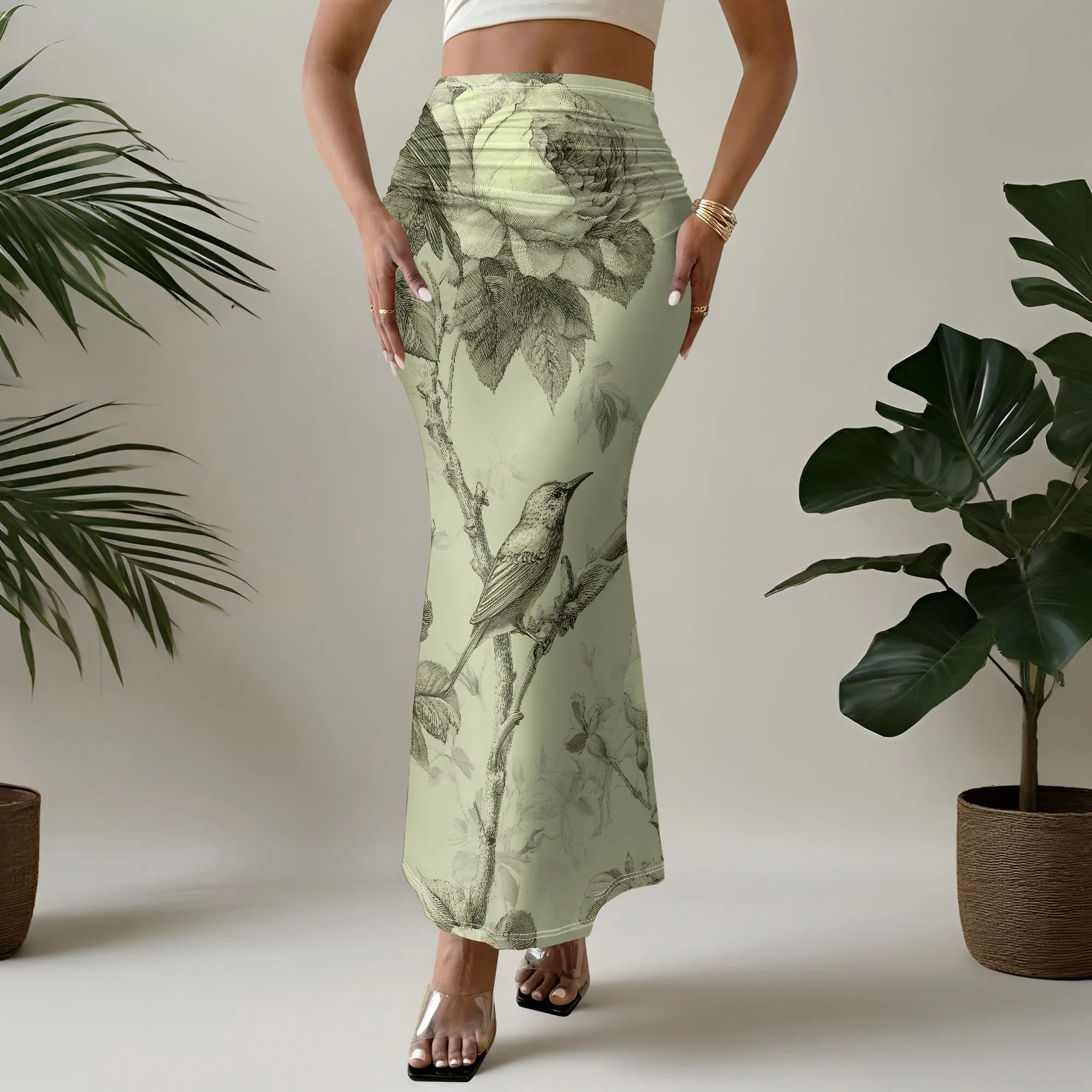 Vintage Floral Bird Print Mermaid Skirt, Botanical Rose Design, High Waist Bodycon Midi Skirt for Women, S-2XL