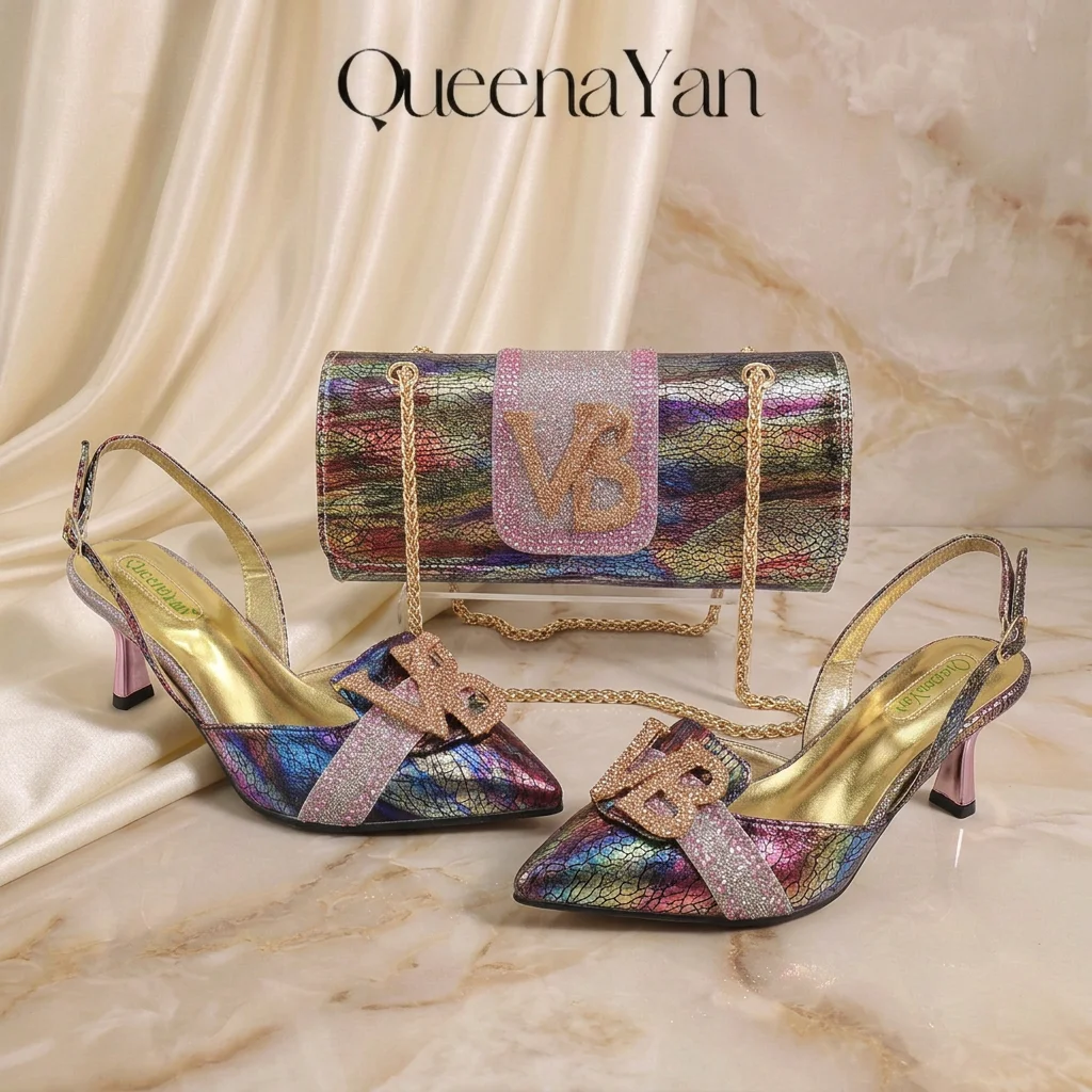 2026 Women Shiny Holographic Rainbow Slingback Heel Matching Bag Set Sparkly Rhinestone Letter Embellished Pumps for Wedding
