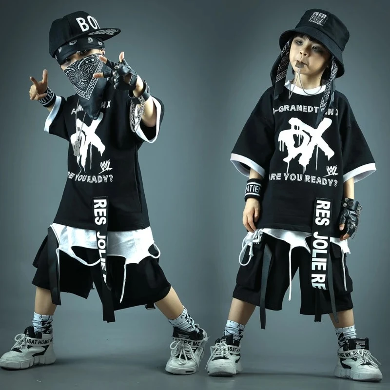 

Boys Summer Hip Hop Suit Black Short Sleeve T-shirt + Shorts 2pcs Sets Teenager Loose Sportswear Street Dance Hip Hop Clothes