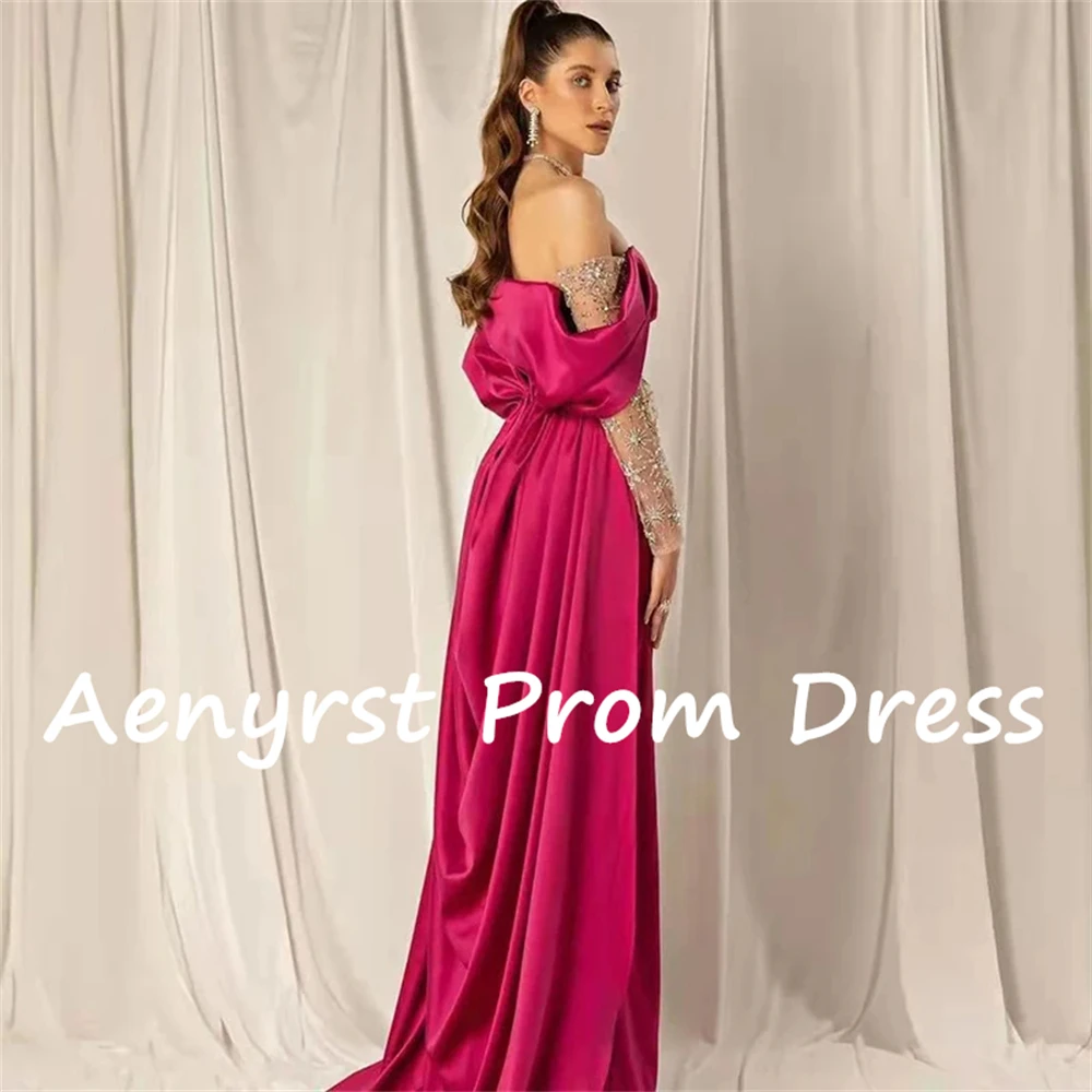 Aenyrst Off The Shoulder Long Sleeves Evening Dresses Mermaid Satin Crystal Boat Neck Prom Gowns Floor Length Formal Party Dress