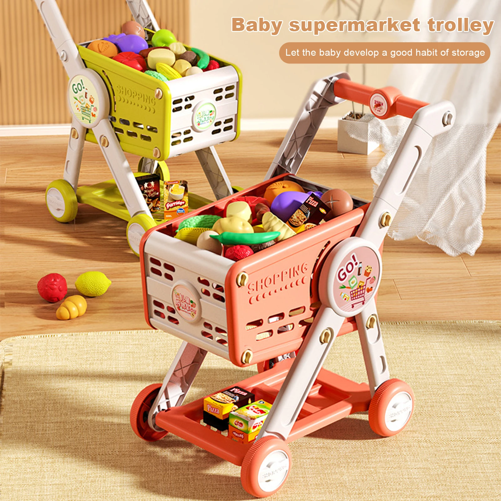 Kids Shopping Cart Toy with 29 Fruit Vegetable Food Accessories Role-Playing Mini Shopping Trolley Pretend Play Grocery Shopping