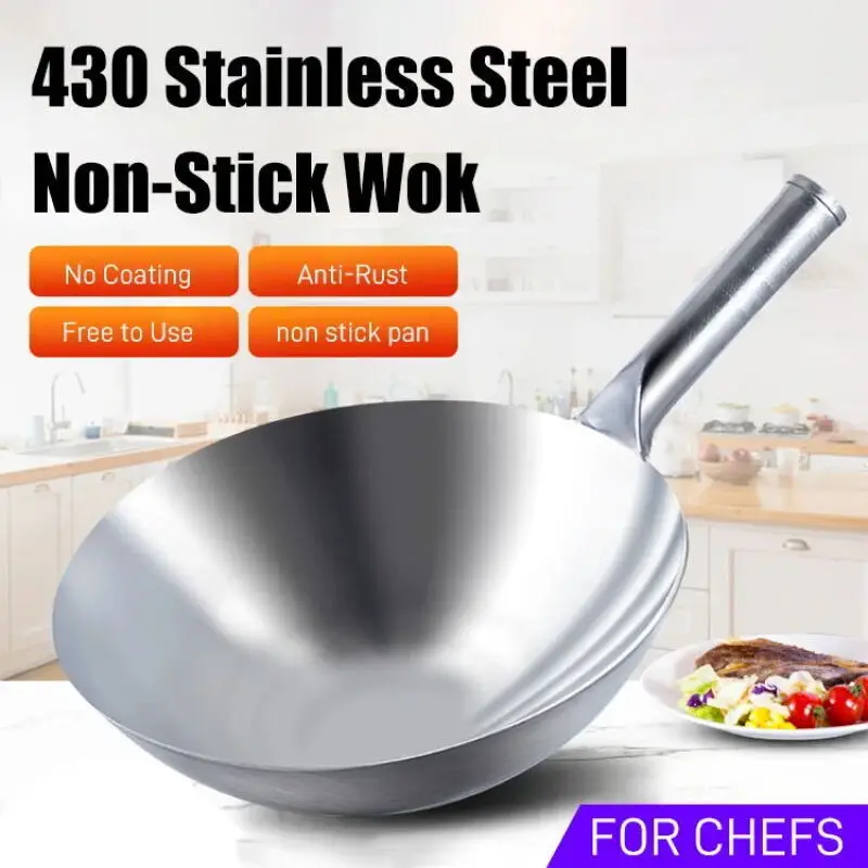 Home Edelstahl-Wok – Lebensmittelqualität, verdickt, antihaftbeschichtet, ohne Beschichtung, Rührpfanne mit rundem Boden