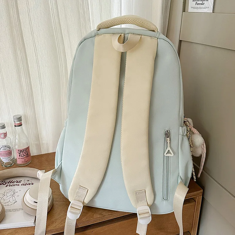 Sweet Contrast Splicing Japanese Backpack Decorative Badge Large Capacity Student Bag for Girls Middle High School Daily Use