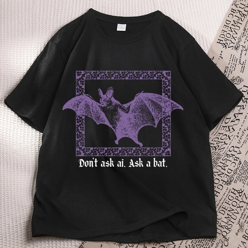 Funny Spooky Halloween T-shirt Don't Ask Ai Ask A Bat No One Wants Ai T Shirt Casual Round Neck Printed Tshirt Cotton Short
