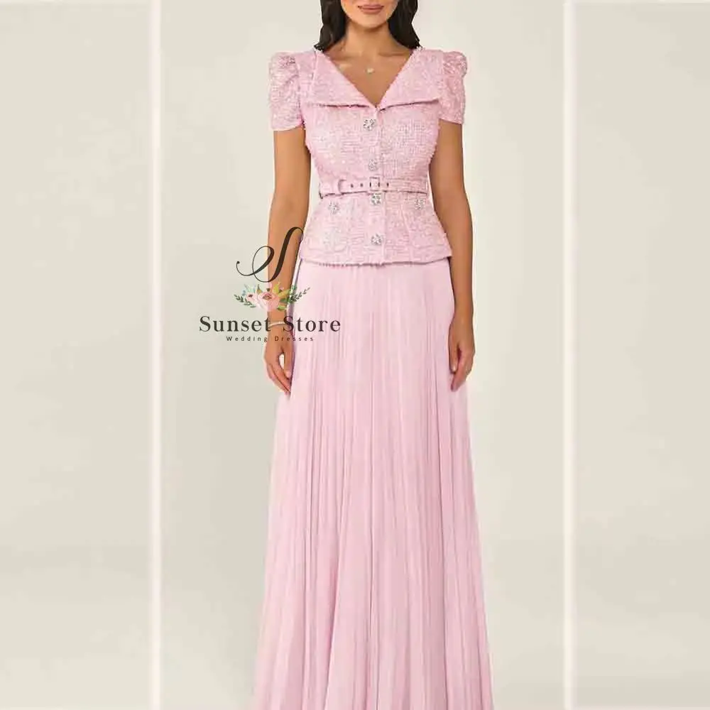 Customized wo Piece Evening Dress Short Sleeve V Neck Tweed Belted Pleated Formal Gown For Women Wedding Party