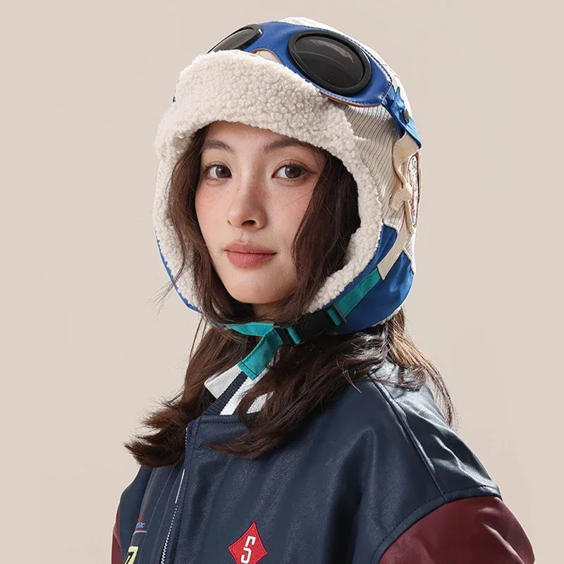 Niche Design Removable Glasses Pilot Hats for Men and Women Autumn Winter Outdoor Riding Warm Casual Versatile Retro Bomber Cap
