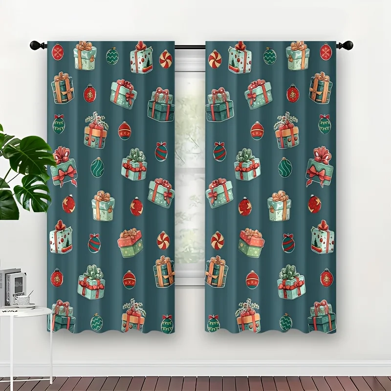 Xmas Gift Box Curtain Panels, Cartoon Gift Box Bauble Candy Ornament Teal Background Print Drapes for Christmas Bedroom Decor