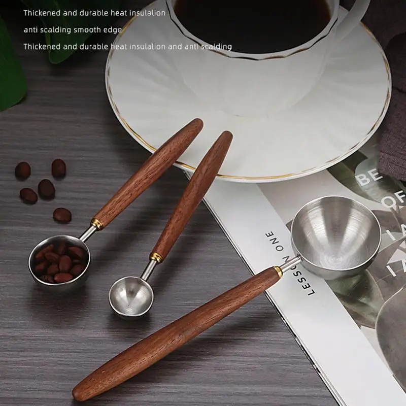 Hot Wooden Handle Stainless Steel Coffee Scoop Tablespoon Measuring Spoon Walnut Wood Long Handle Coffee Spoons For Bar Kitchen