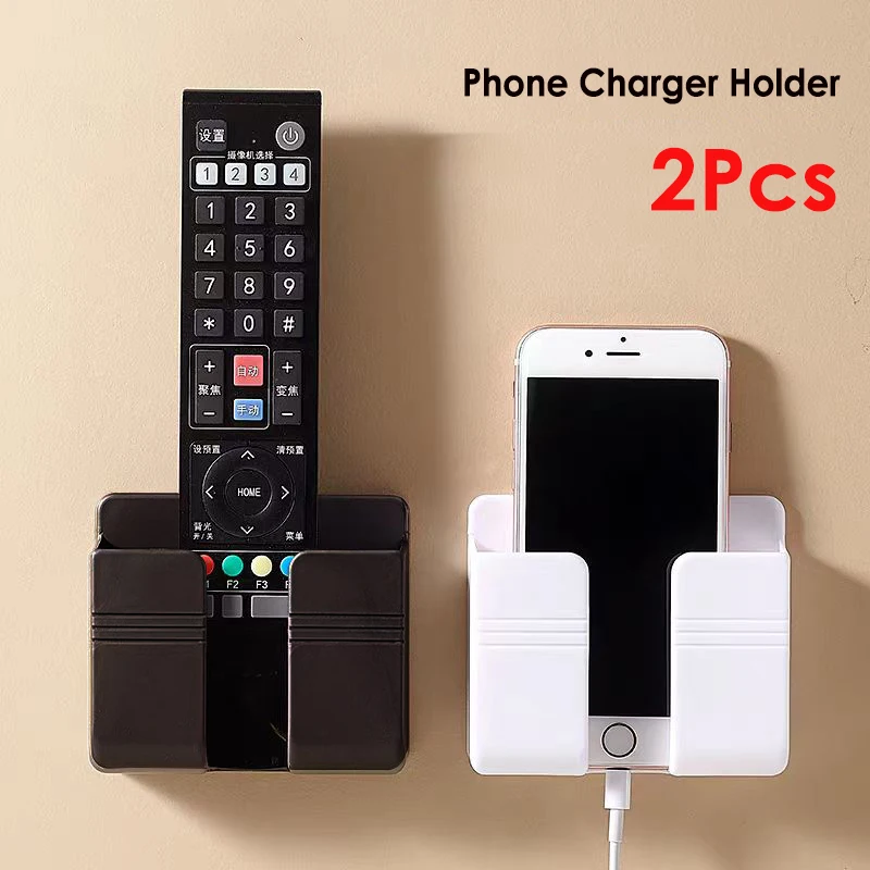 2Pcs Wall Mount Mobile Charging Stand Phone Holder For Xiaomi Samsung Huawei Poco Lazy Sticky Hanging Remote Control Storage Box