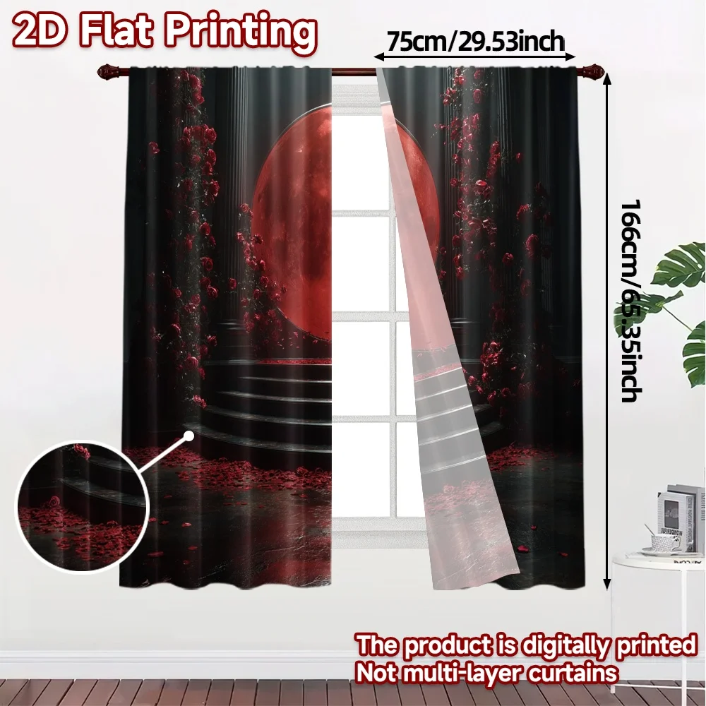 2pcs, 2D FLAT PRINTING Curtains (Without Rod) Red Moon Ceremony Chic Contemporary Curtains Fabric Curtains Outdoor Decorations