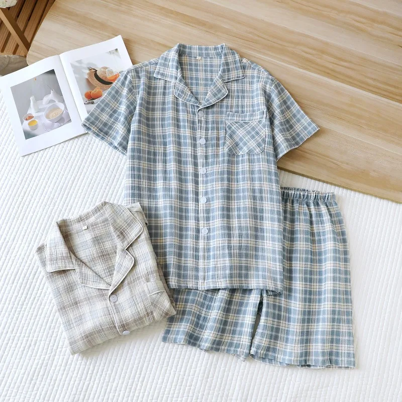 2026 New Summer Men's Pajama Set 100% Cotton Thin Crepe Japanese Checkered Loose Casual Cardigan Short Sleeve Shorts Home Wear