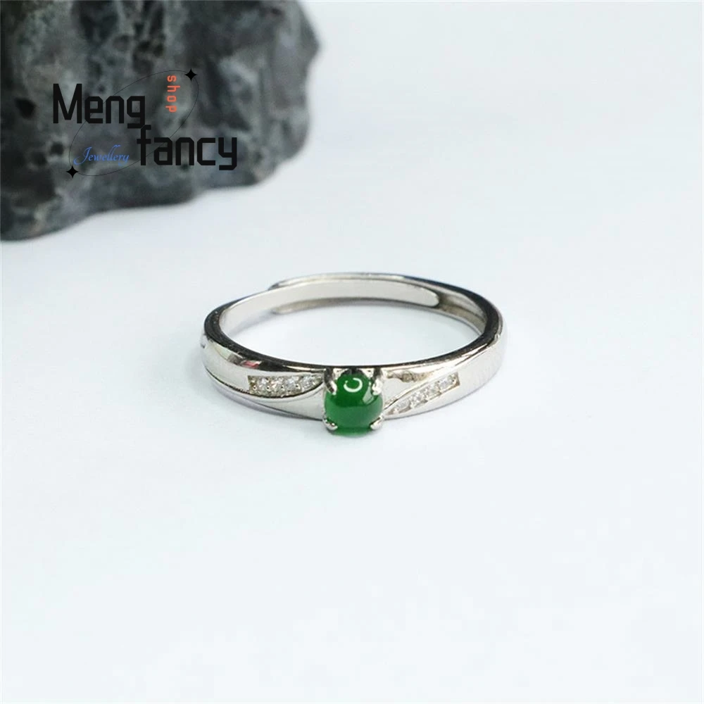 S925 Silver Inlaid Natural Jadeite Ice Type Imperial Green Finger Ring Exquisite Elegant Charm High-grade Couple Fashion Jewelry