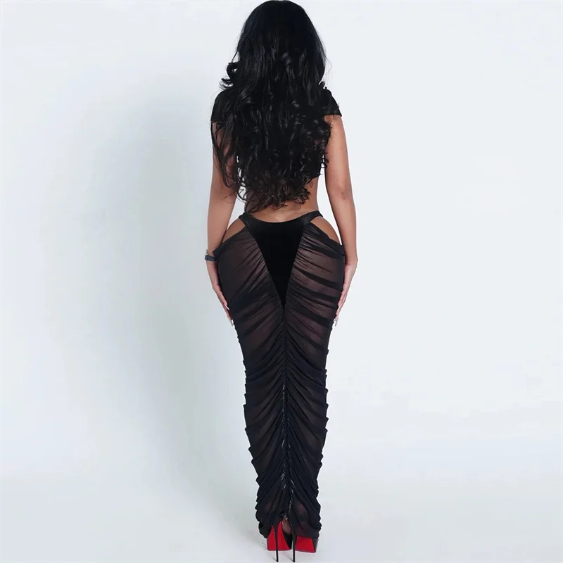 Conjunto de noche Sexy para mujer, conjunto de 2 piezas, ropa de Club, fiesta Rave, cuello oblicuo, Top corto calado y falda larga, conjuntos de vestido de malla