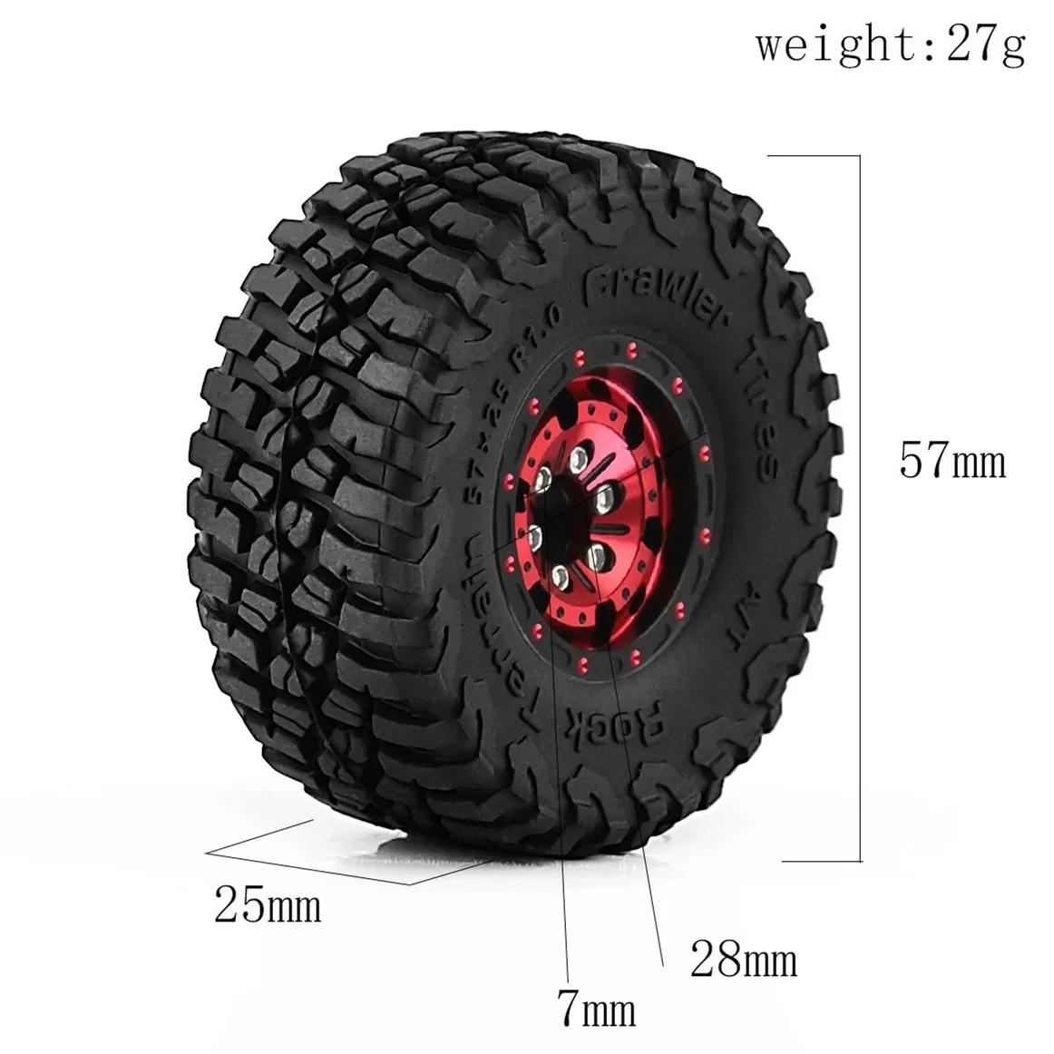 Ensemble de jantes en caoutchouc Beadlock, roue en métal, pièces de mise à niveau, 1.0 pouces, 57mm, 1/18, 1/24 RC inoler Axial SCX24 AX24 TRX4M FCX24, 4 pièces