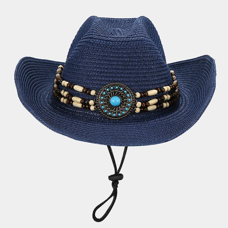 

New Casual Ethnic Style Panama Straw Sun Hat Men's Vacation Leisure Anti-Uv Windproof Large Brim Hat Handwoven Trendy Cowboy Hat