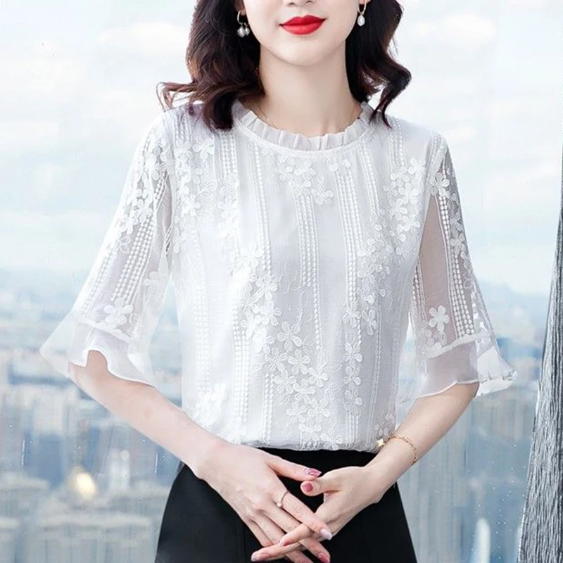 Summer Elegant Fashion Ruffles Round Neck Lace Shirt Female Half Sleeve Loose Casual All-match Hollow Out Top Women White Blouse