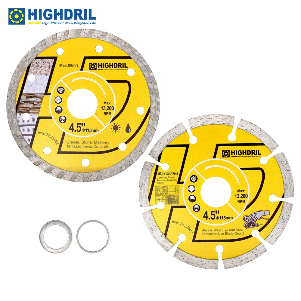 HIGHDRIL Diamond Cold Sintered Saw Blade Cutting Disc 2pcs/set Dia115mm For Concret Granite Dry And Corrugated Angle Grinder