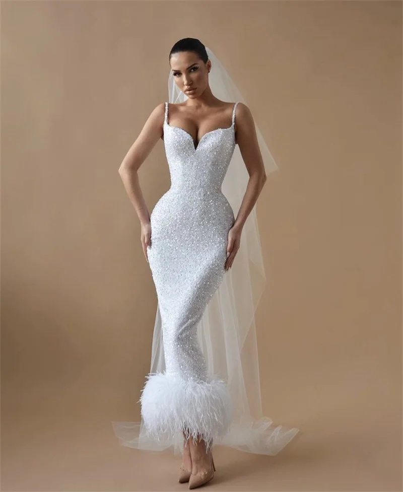 

White Sequins Mermaid Women Wedding Dresses Sexy Strap Sleeveless Bridal Gown Luxury Feather Customized Lace Up Back Robe