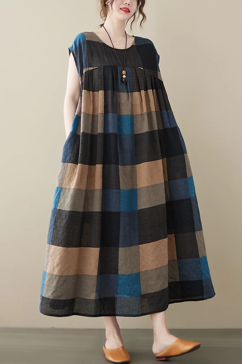 

Женская летняя клетчатая одежда больших размеров Dr Meat, скрывающая винтажная художественная свободная одежда для похудения ort Sve Long Dr Women