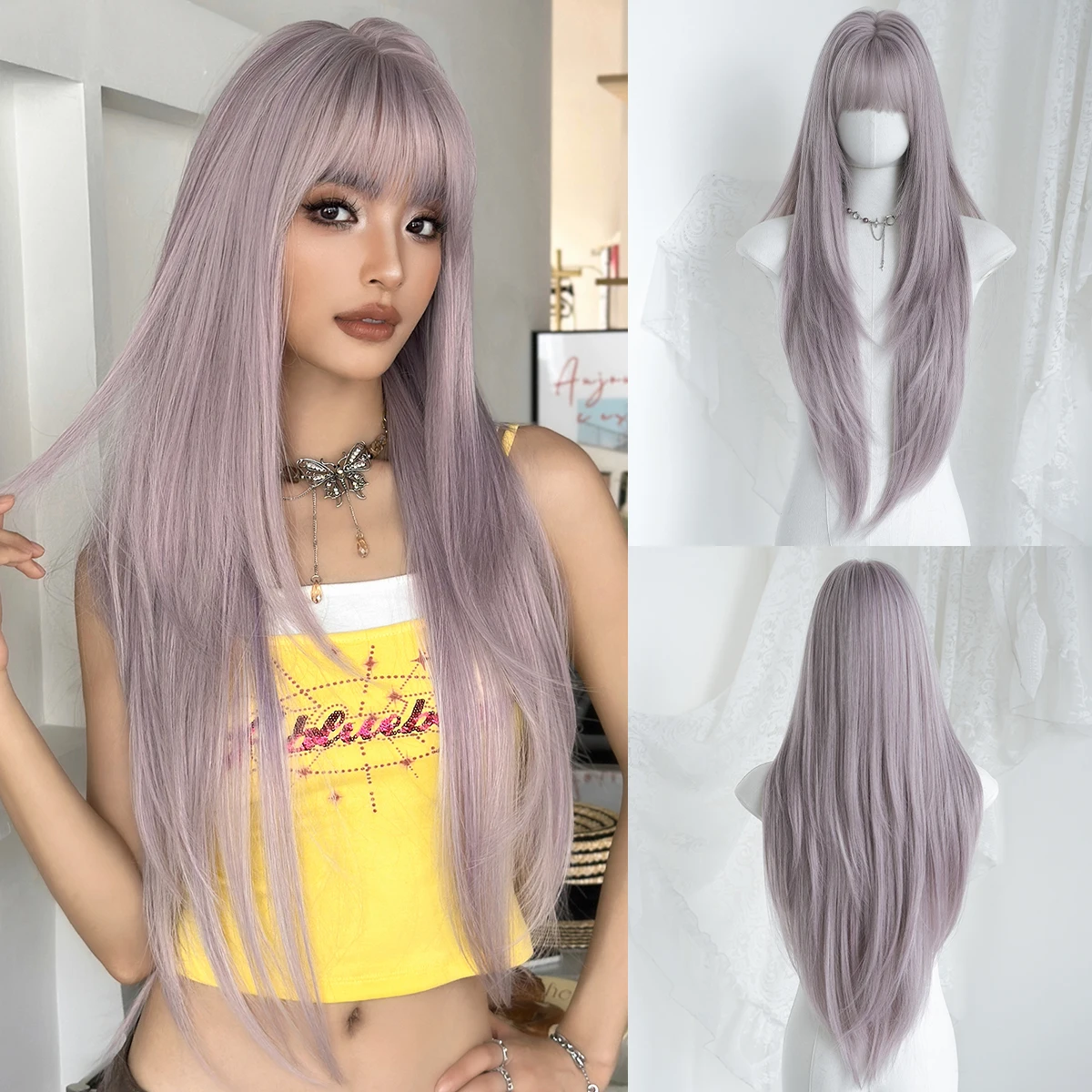 NAMM Medium Length Ash Purple Wig for Women Straight Wigs With Bangs Dark Root Fluffy Natural Wig Synthetic Fiber Wig