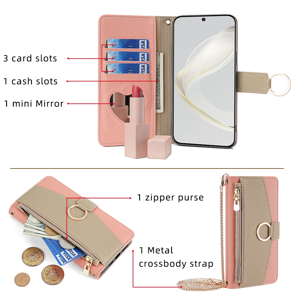 Pova 6 Neo Leather Case for Tecno Pova 5 Pro Multi-Function Wallet Bag with Mirror Card Pocket