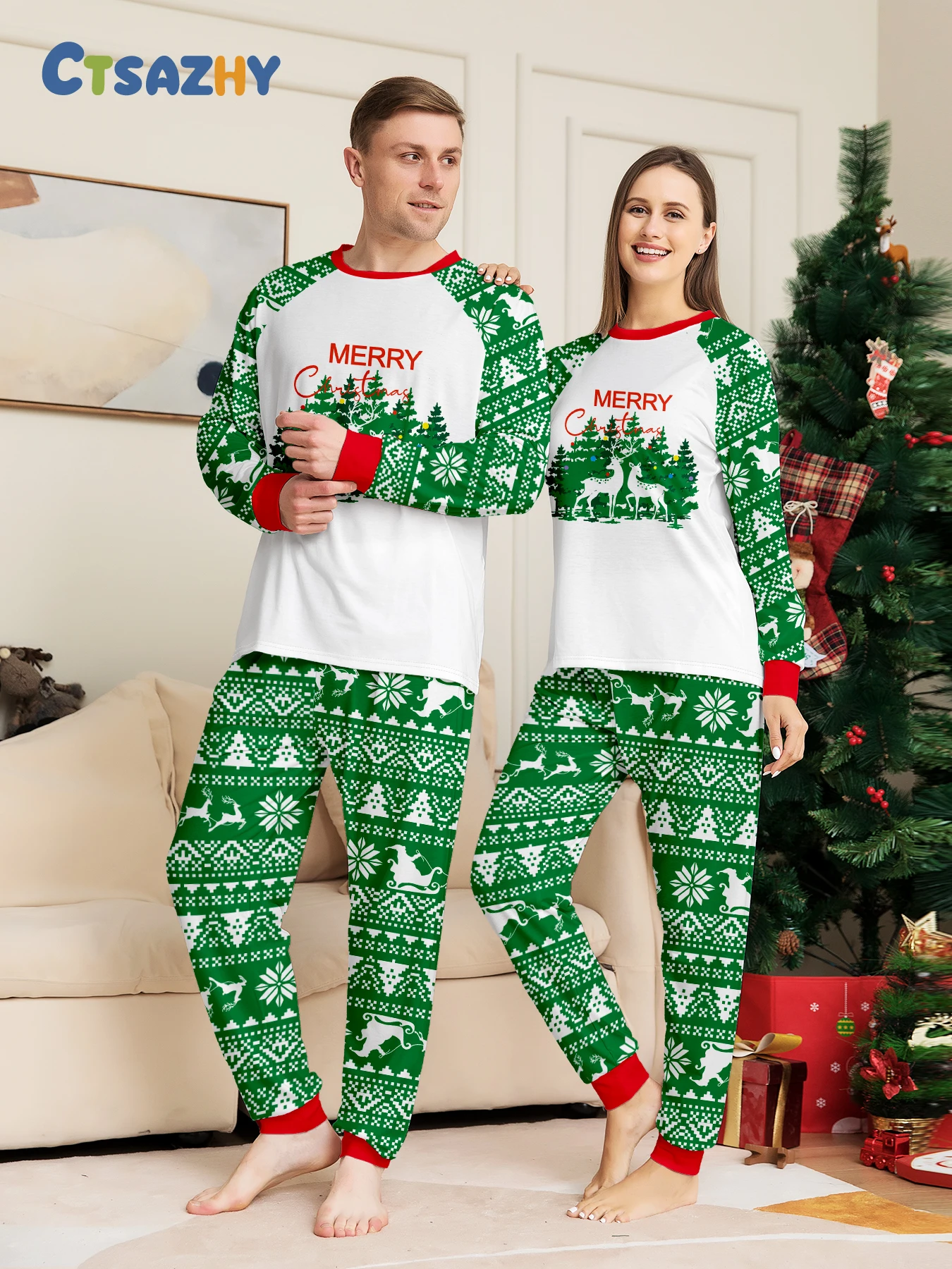

Рождественский пижамный комплект для пар, вязаная одежда с принтом оленей и рукавами реглан, зеленая, белая, красная одежда для сна