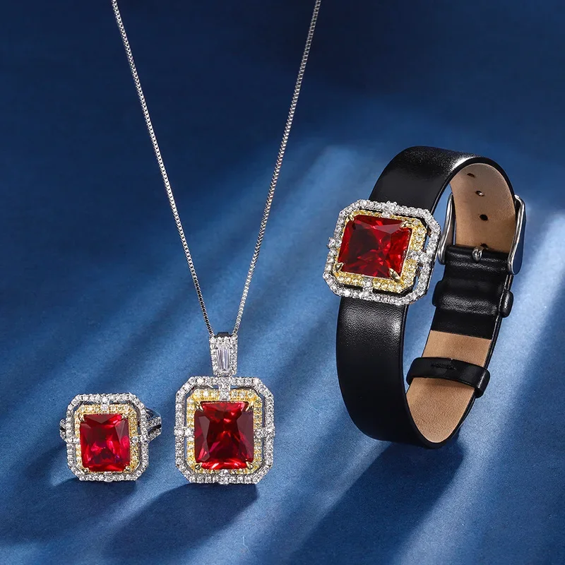 S925 silver-plated 18K gold-plated PT950 platinum red corundum square wrist women's set 12 * 16-12 * 14