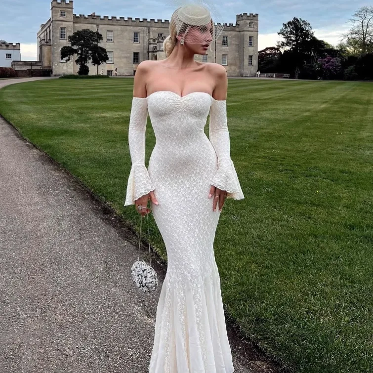 

Summer Sexy One Shoulder Long Dresses Women Elegant Jacquard Mesh Lace Party Dress Fashion Bodycon Flared Sleeve Gown Dress