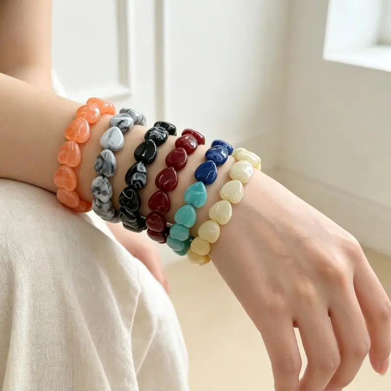 Fashion Colorful Heart Beaded Bracelets Retro Cute Women Jewelry Gift Simple Stackable Bangles Valentine Gift