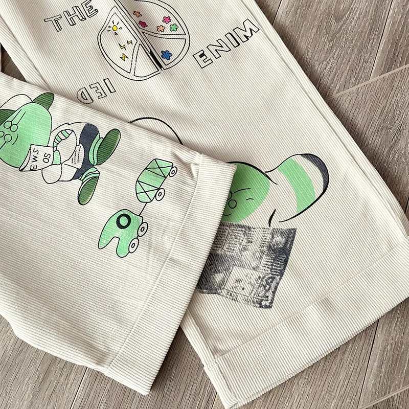 25AW KAPITAL Pants Japanese Retro Corduroy Washed Old Fun Cartoon Graffiti Print Overalls Casual Street Men Women Trousers