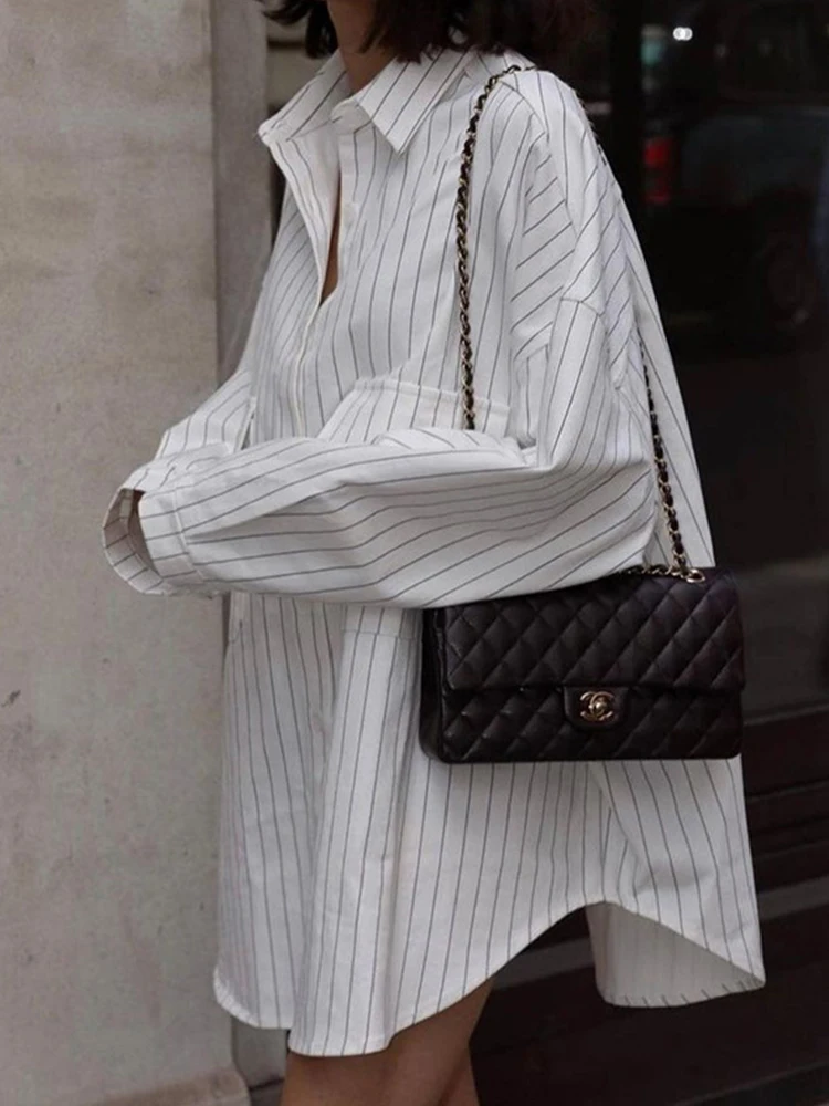 Aynaray 2024 Autumn Winter Women Oversized Striped Long Shirt White Long Sleeve Loose Fit Blouse Female