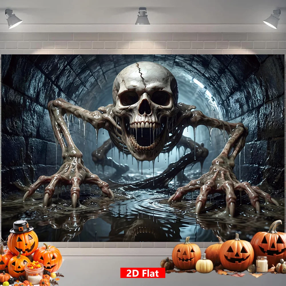 Scary Skeleton Monster Sewer Tunnel 2D Flat Tapestry Backdrop For Halloween Party Horror Theme Wall Hanging Art Print