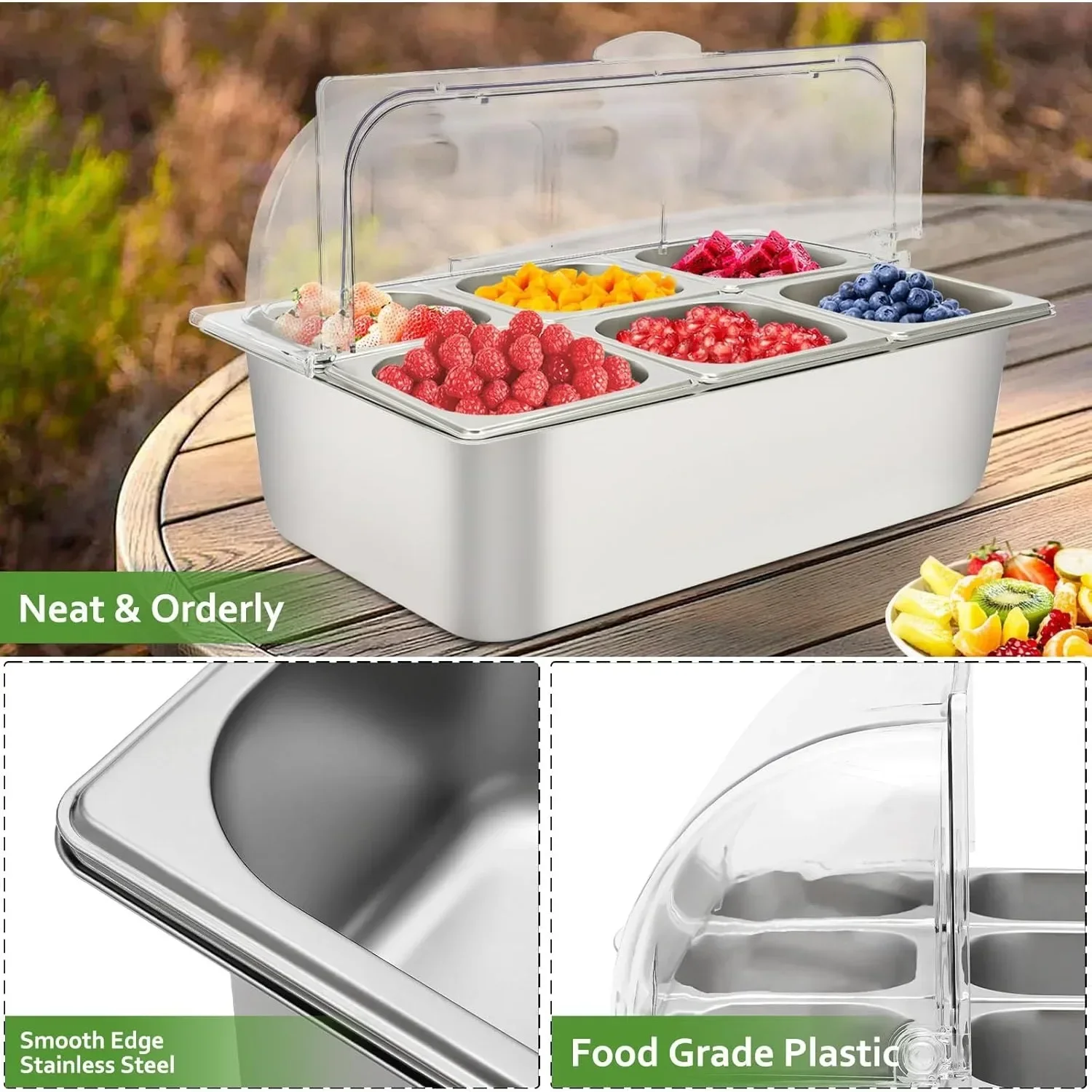 Countertop Food Container, 6 Pans Condiment Dispenser Salad Dressing Appetizer Spice Fruit Cold Serving Buffet Tray