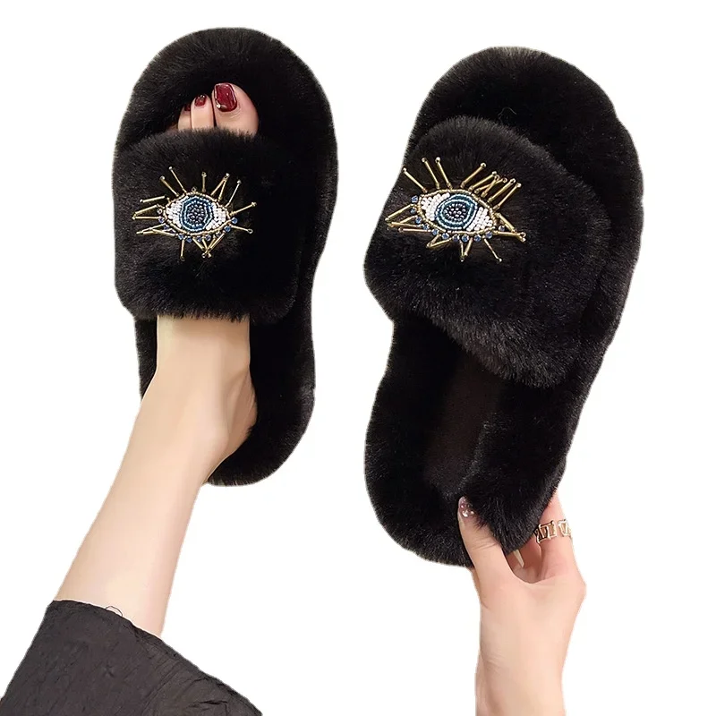 Women Winter Fashion Soft Warm New Comfort Flat Fur Slipper Outside Fluffy Slippers Indoor Soft Plush Shoe Women luxury Slippers