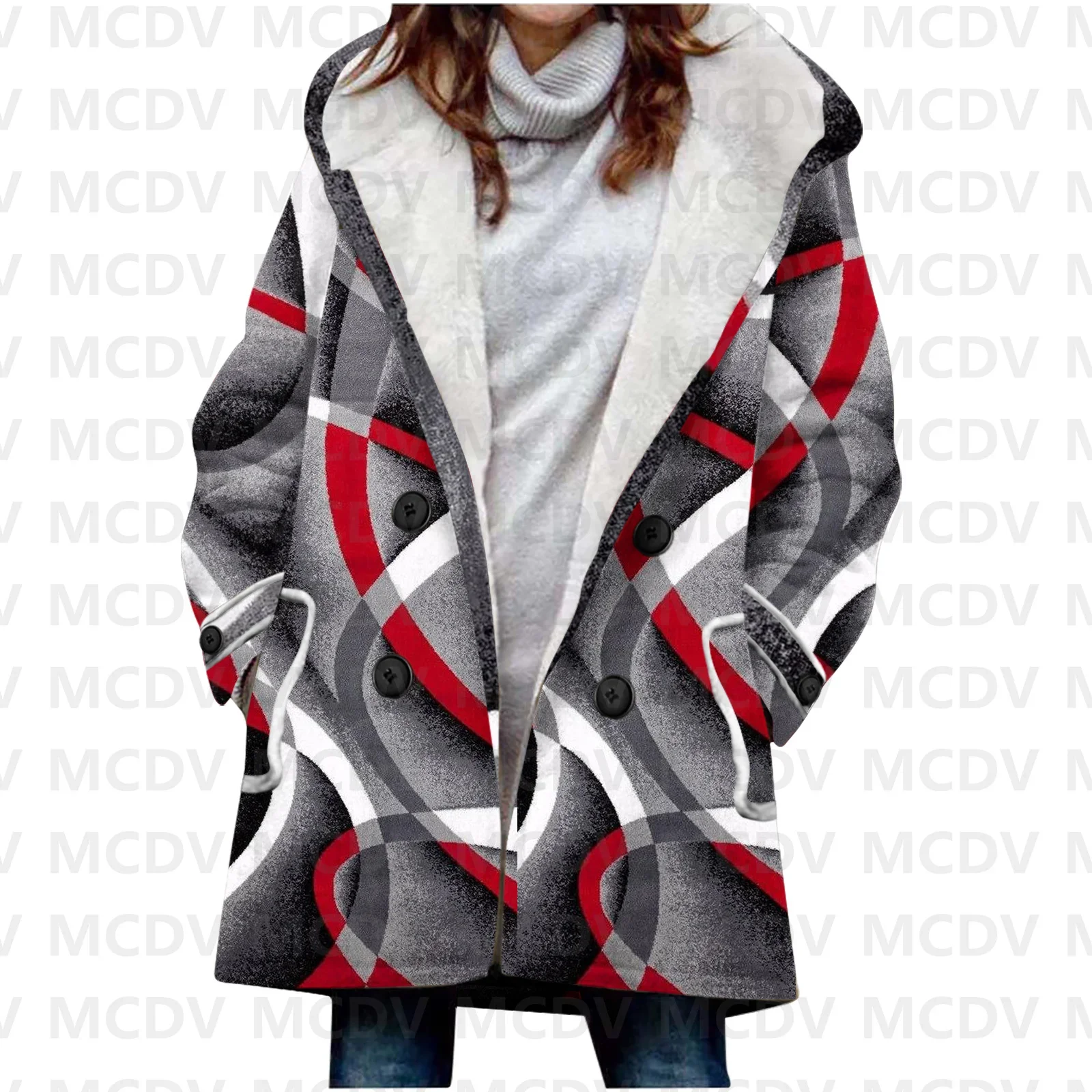 Retro Geometry 3D Printed Fleece Hooded Cloak Women Thick Warm Coat Women's Winter Warm Overcoat Casual Clothes 18 Color